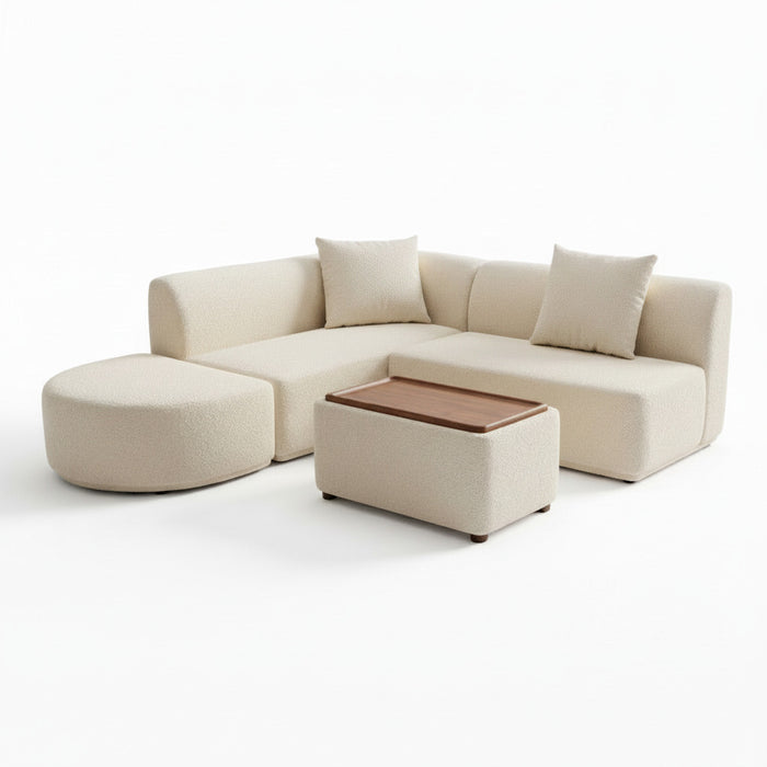 Beige mini modular sofa with rounded ottoman and low side modules