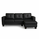Black L-shaped sectional sofa with three back cushions and right chaise, track arms
