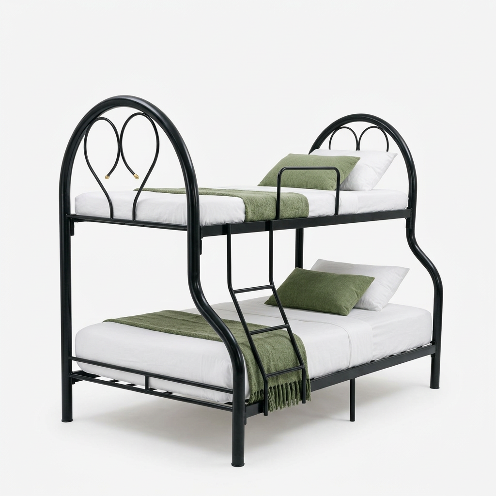 Double bunk bed with black metal frame, white mattresses, green pillows on both tiers