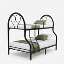 Double bunk bed with black metal frame, white mattresses, green pillows on both tiers