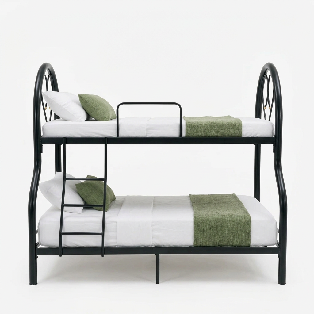 Double bunk bed with black rails, white bedding, green pillows and runner on lower bunk