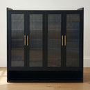 Black four-door shoe cabinet with ribbed glass panels and gold-tone handles