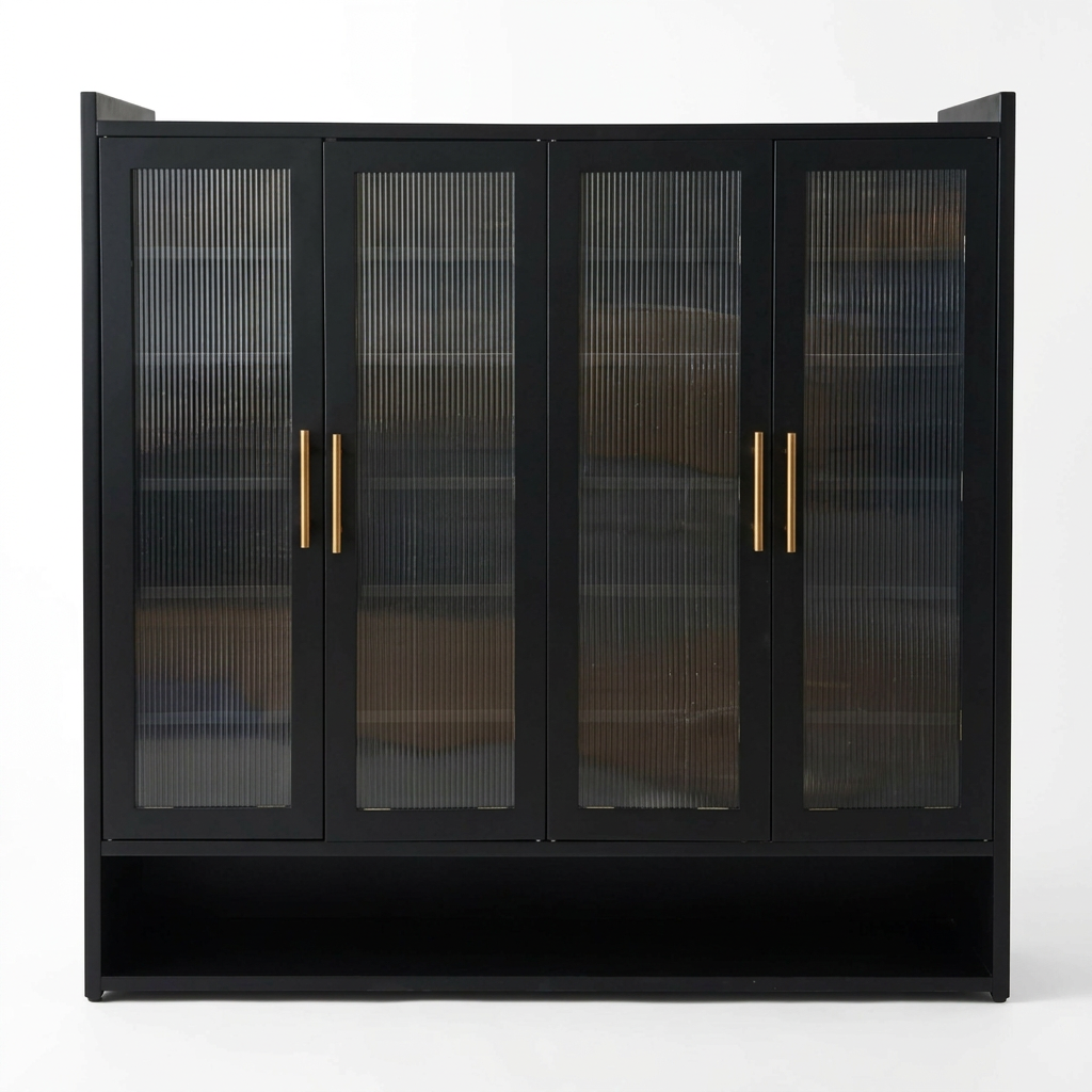 Front view of black four-door shoe cabinet with ribbed glass panels and gold-tone handles