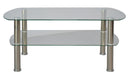 VIEN center table with two rounded glass shelves and four silver metal legs