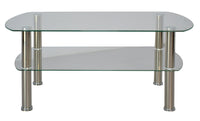 VIEN center table with two rounded glass shelves and four silver metal legs