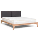 SINCLAIRE queen bed shown at an angle with light wood frame, charcoal headboard and white mattress