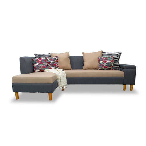 WINNIE L-Shape Sofa - two tone sectional sofa with 7pc. Multi-pillow design. Armrest with storage box and tapered wooden leg affordable sofa set. (7041334444195)