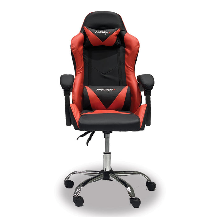 Gaming chair with black and red upholstery, contoured seat and back, star base