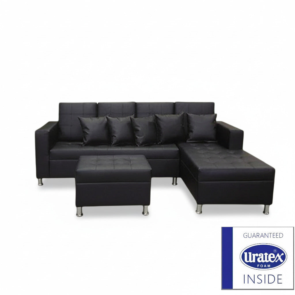Black sectional sofa with ottoman on a white background, featuring Uraltex foam logo.