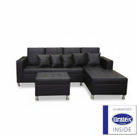 Black sectional sofa with ottoman on a white background, featuring Uraltex foam logo.